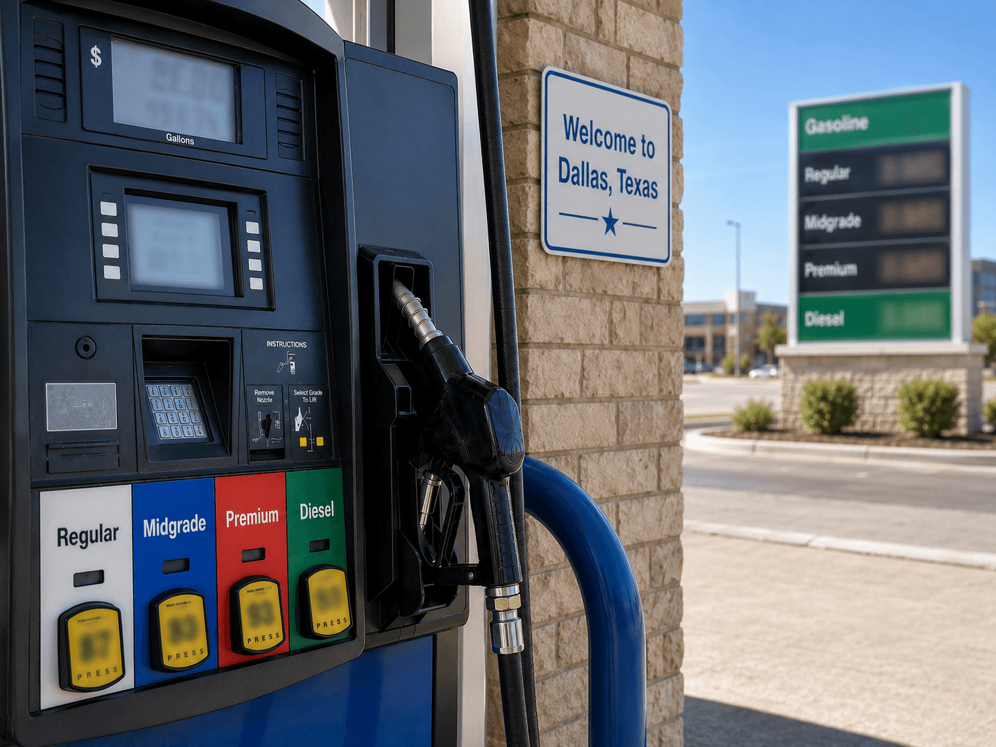 Gas prices at the pump in Dallas Texas - Illustration by Jake Team LLC