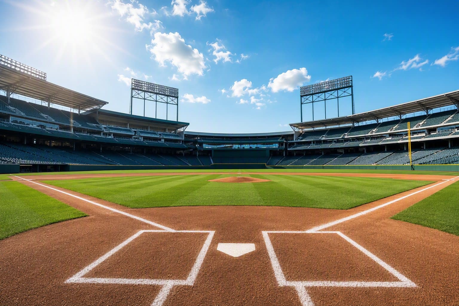 empty sunlit baseball stadium - illustration, Jake Team LLC