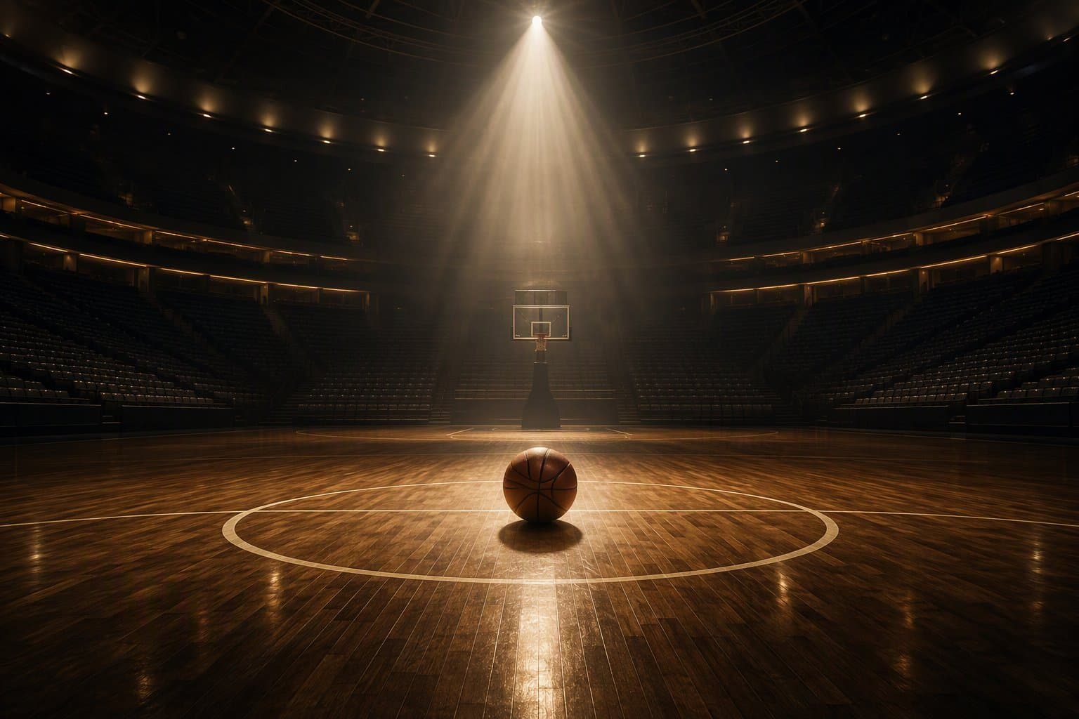 A lone basketball at center court under a spotlight - AI-generated illustration, Jake Team LLC