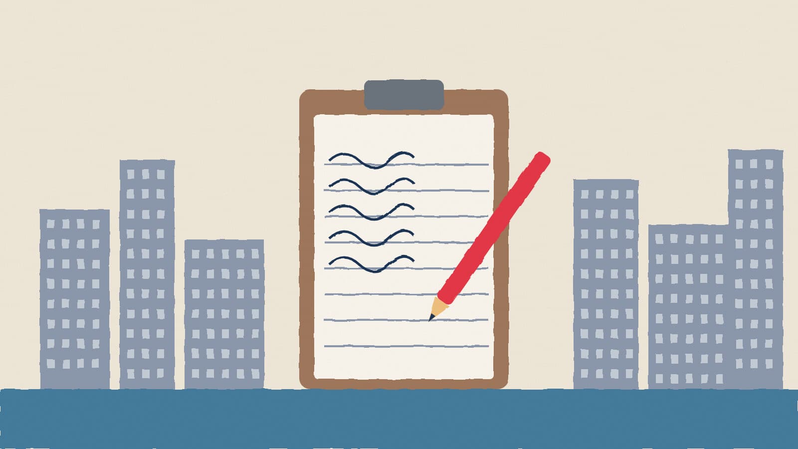 Clipboard petition and city skyline - illustration, Jake Team LLC