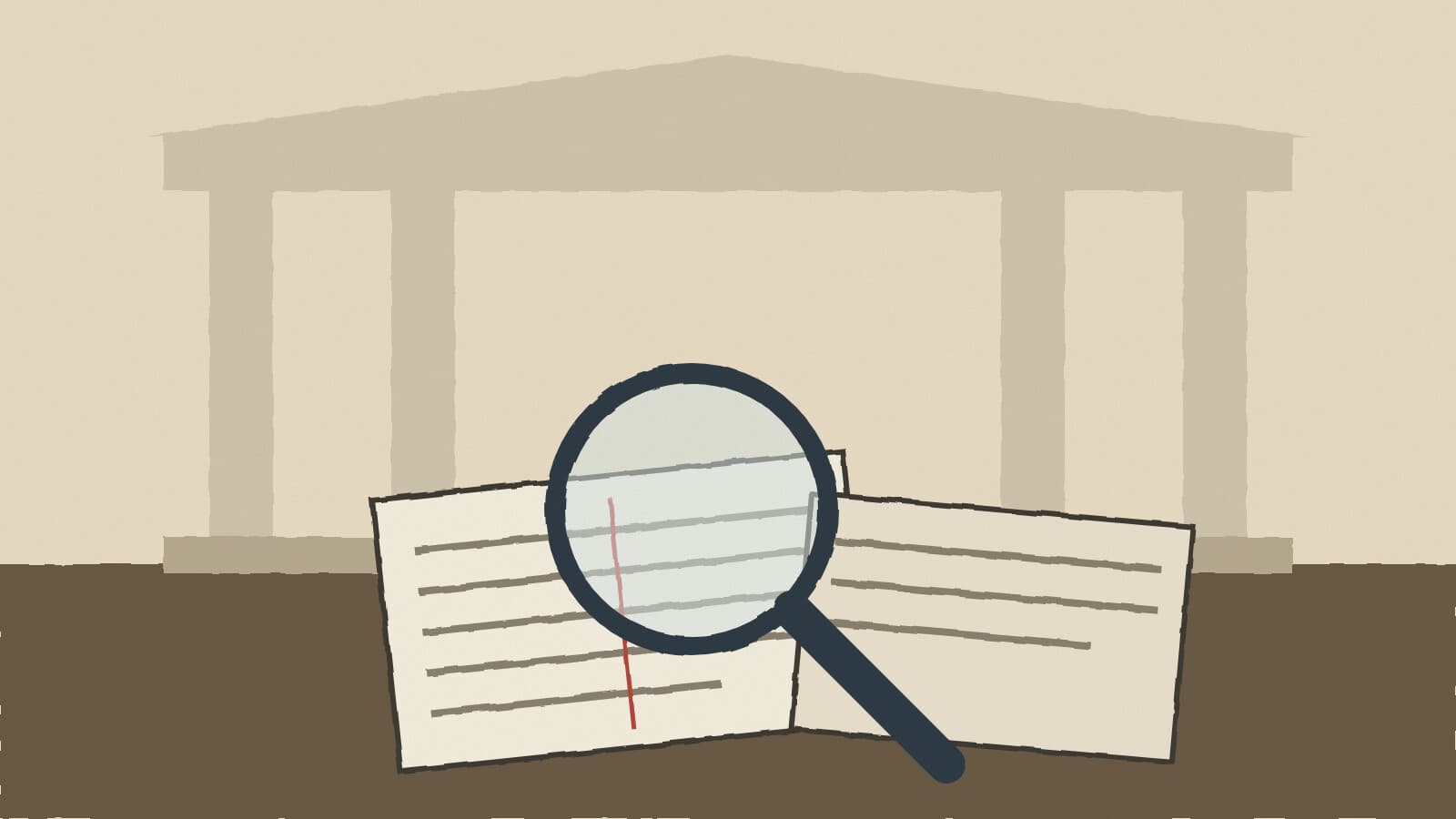 Magnifier over city ledgers - illustration, Jake Team LLC