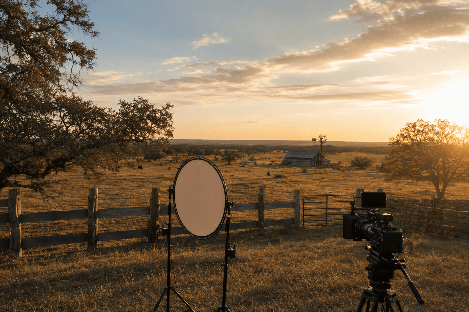 A film camera and reflector set up at a North Texas ranch at golden hour - illustration, Jake Team LLC