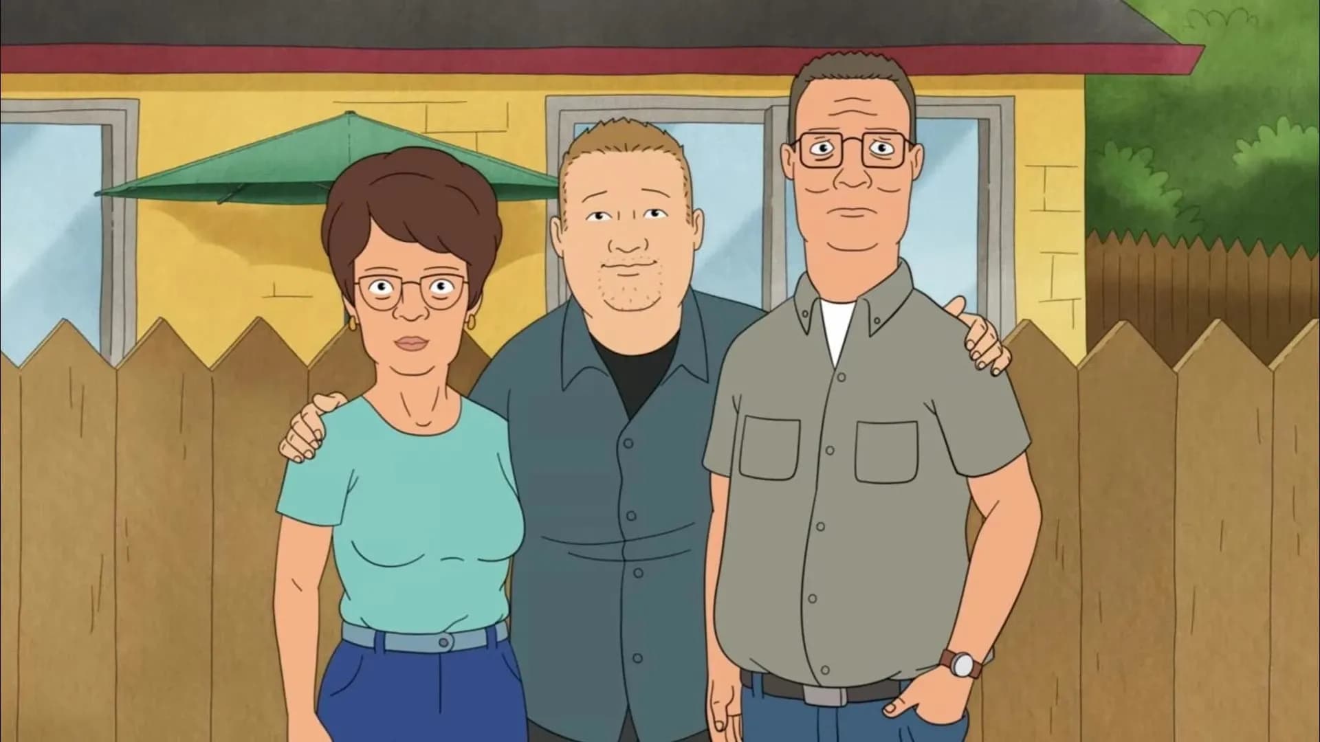 Peggy, Bobby and Hank Hill in "King of the Hill" season 15, now streaming on Hulu. Image courtesy Hulu.