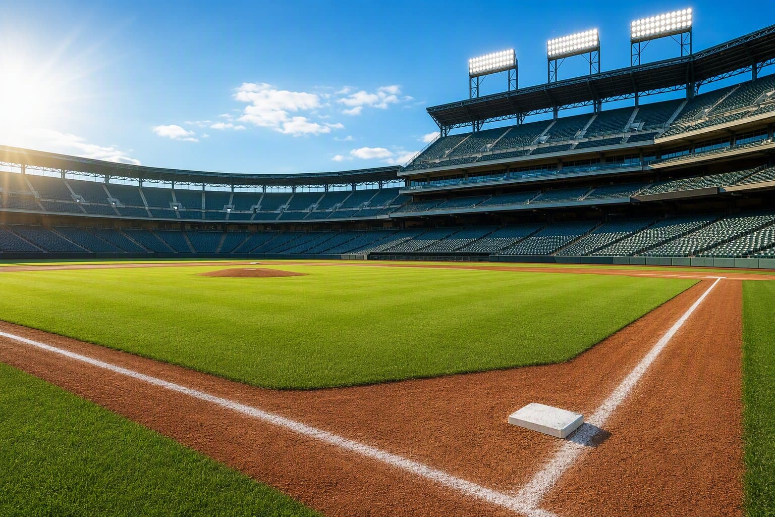 Empty sunlit baseball stadium - illustration, Jake Team LLC