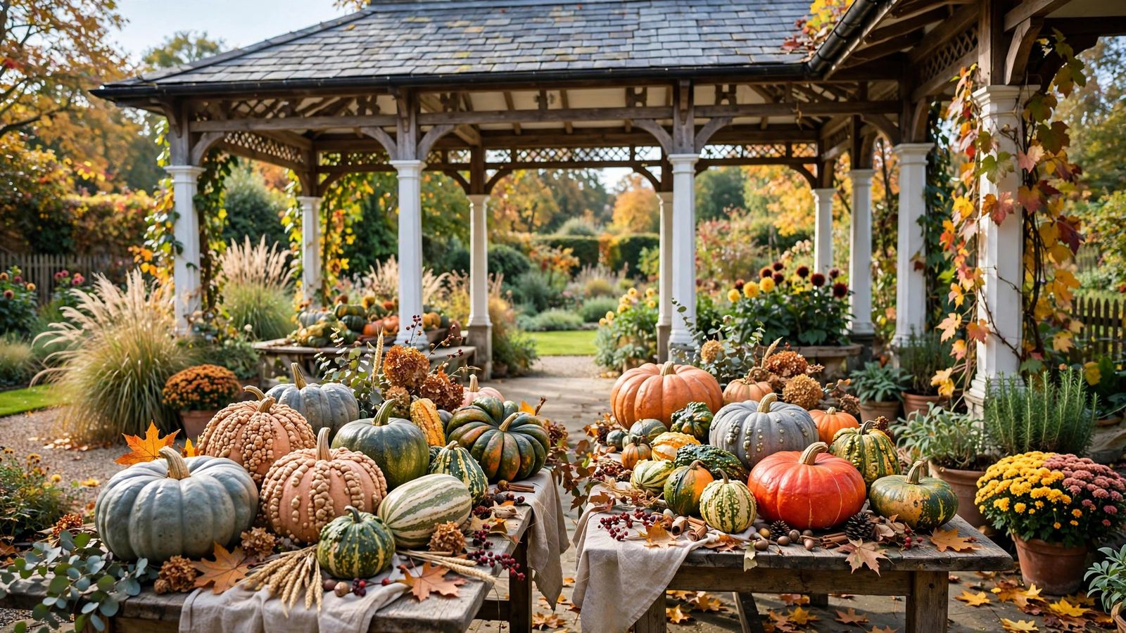 Garden pavilion with rare pumpkins and squash on display tables - illustration
