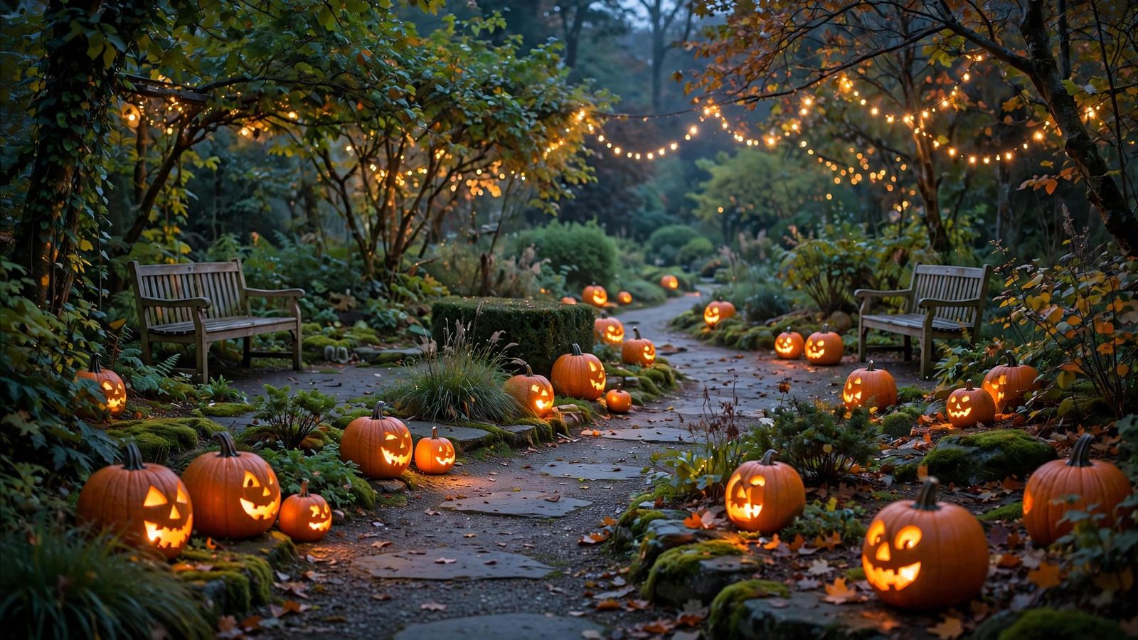 Softly lit pumpkin garden path at dusk, calm - illustration