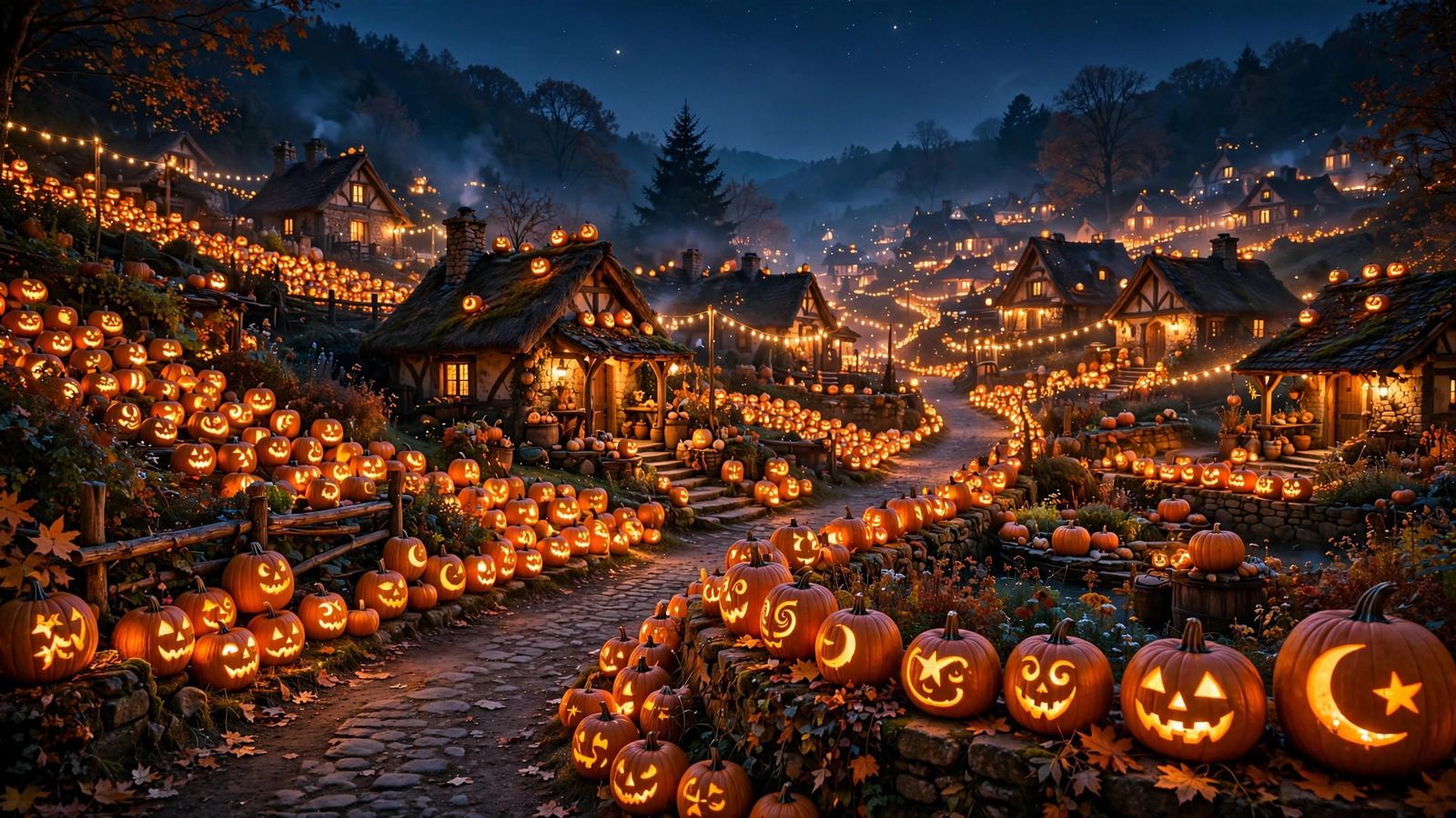 Illuminated pumpkin village at night with glowing pumpkins - illustration