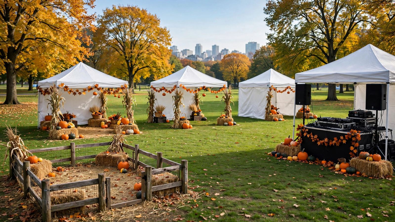 Park lawn with Halloween activities and a DJ booth - illustration